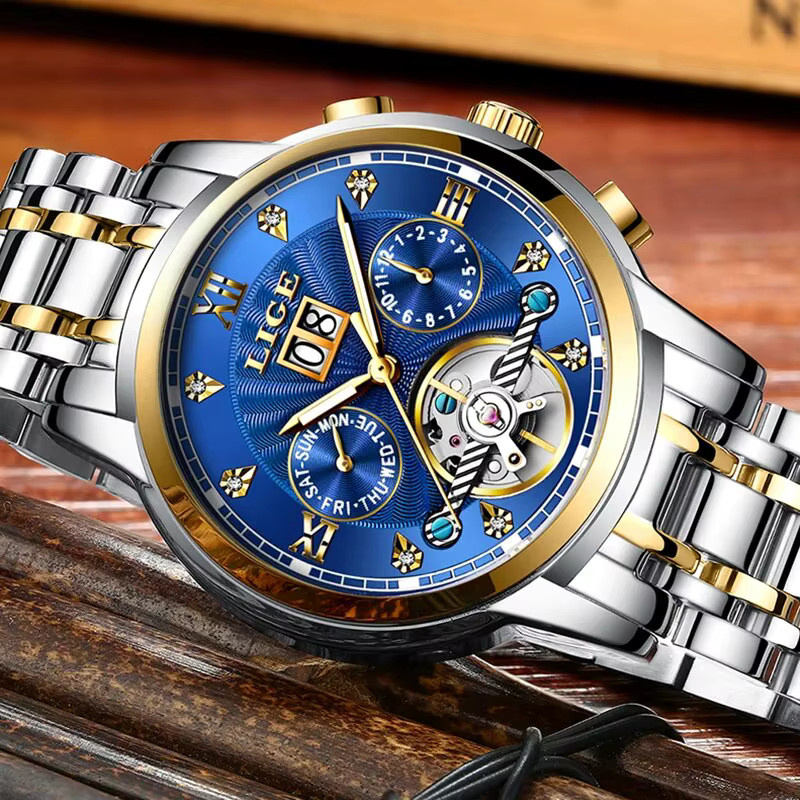 Lige Armbanduhr Automatik, Edelstahl, Blau, Herren - Bild 2