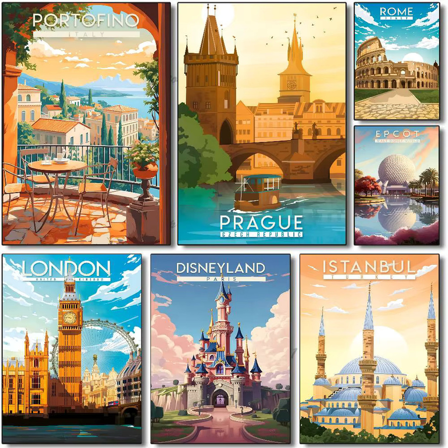 Selbstklebendes Wandposter mit klassischen Stadt-Reiseillustrationen in Mehrfarbig von Bilibili - Bild 2