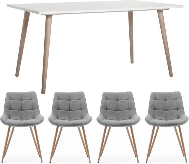 Homestyle4u Essgruppe im skandinavischen Design mit 4 gepolsterten Stühlen, ausziehbarer rechteckiger Holztisch in Weiß und Grau - Bild 1