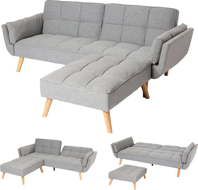MCW Schlafsofa K18 in L-Form mit Ottomane, Gästebett mit Schlaffunktion und Armlehnen, Stoff und Samt, Hellgrau, B: 218 cm, T: 175 cm - Bild 1