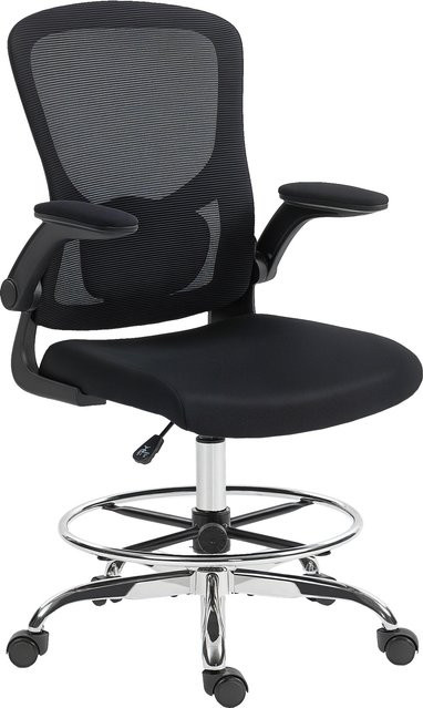 HOMCOM Ergonomischer Bürostuhl mit hochklappbaren Armlehnen, verstellbarem Fußring und 4D-Lendenstütze, Drehstuhl aus Netzstoff in Schwarz - Bild 1