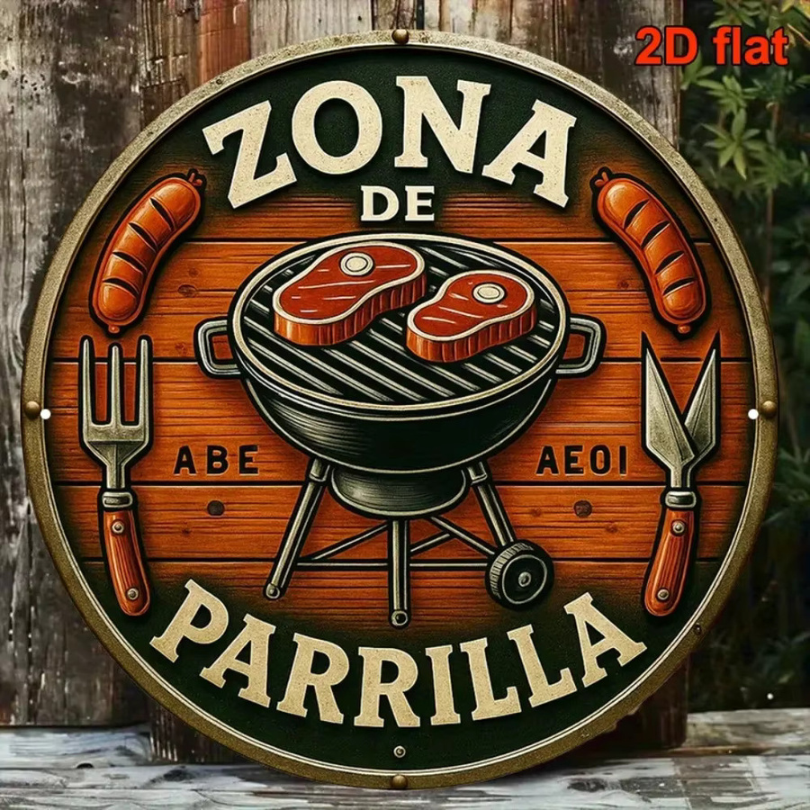 CIFBUY Retro Metallschild Zona De Parrilla Rund in Mehrfarben für den Außenbereich, Wandkunst für Terrasse und Grillraum, Durchmesser: 20 cm - Bild 2