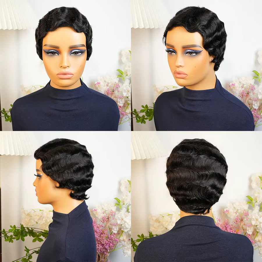 OYM HAIR Perücke, kurze Fingerwellen-Echthaar-Perücke, Pixie-Schnitt, Damen - Bild 5