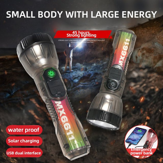 ESMARTER Tragbare transparente Taschenlampe mit Solar- und USB-Aufladung, wasserdicht mit 3 Beleuchtungsmodi für Outdoor, Abenteuer und Angeln - Bild 1