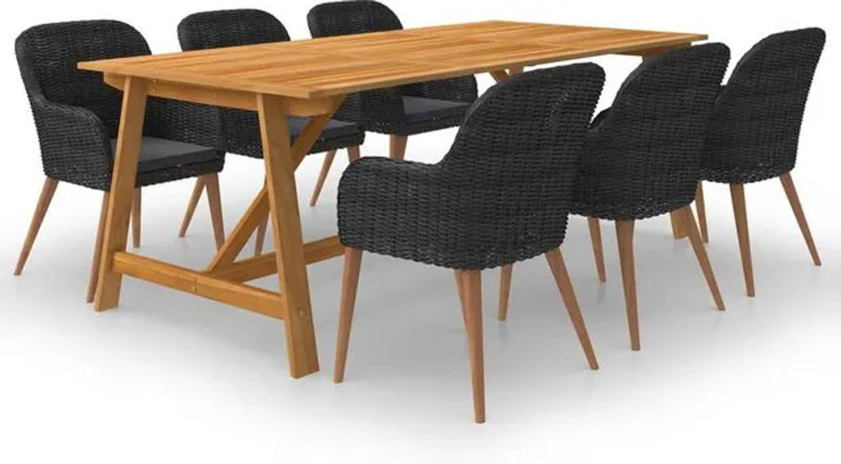 7-teilige moderne Garten-Essgruppe von vidaxl in Schwarz und Grau aus Massivholz und Metall - Bild 1