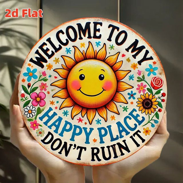 2Dflat Whimsical Playground Willkommensschild aus Aluminium in Orange mit Sonne und Blumen Design, B/H: 20 x 20 cm - Bild 1