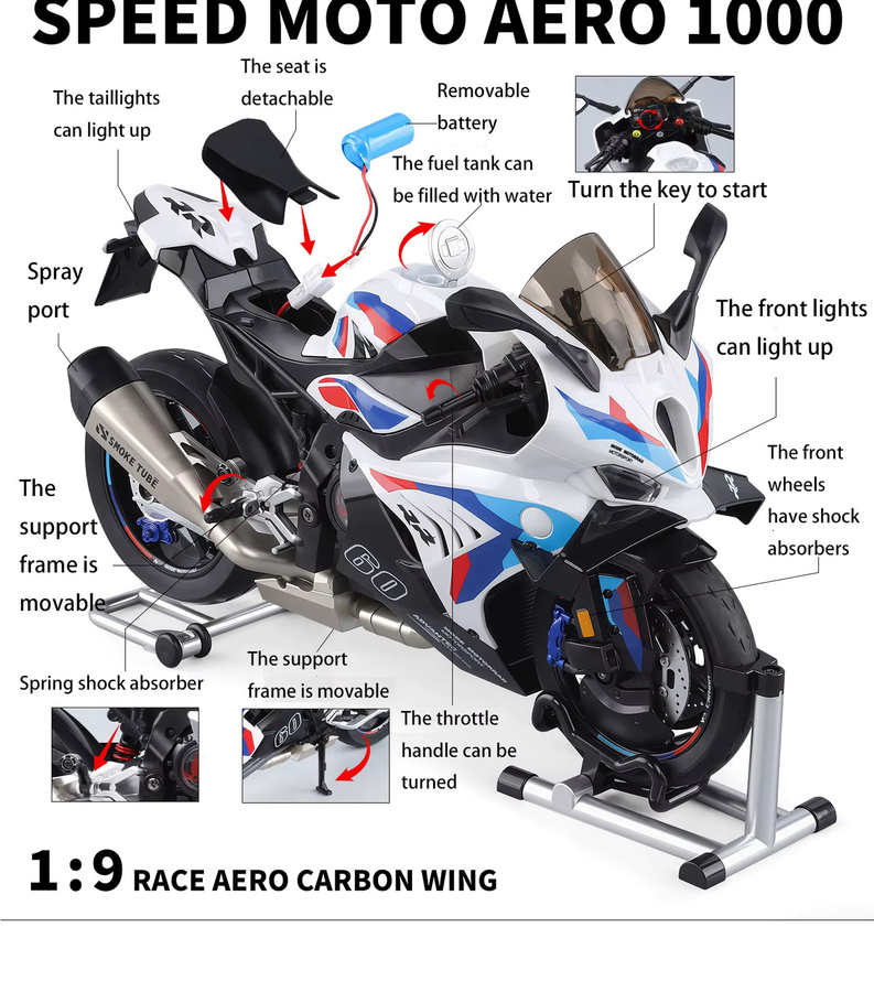 WELLY S1000RR Motorradmodell, 1:9, mit Sprühfunktion, Sound und Licht, ab 8 Jahren - Bild 4