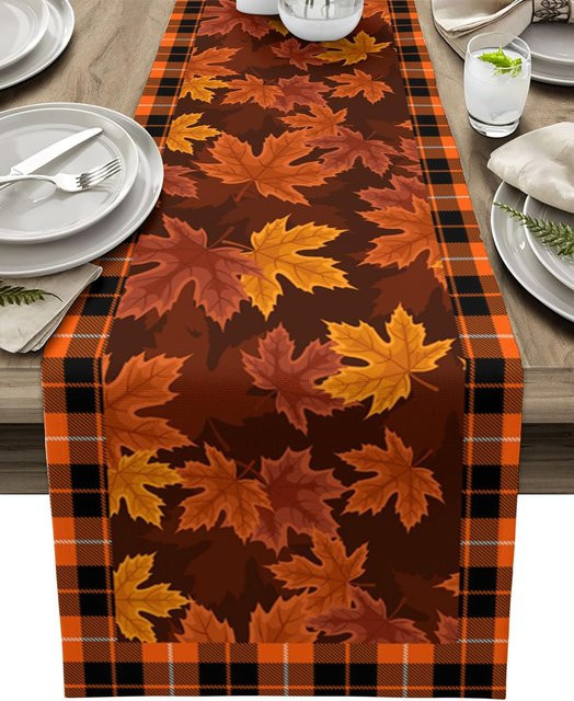 JINGYUE Pet Tischläufer mit Herbst-Ahornblatt-Karo-Muster in Orange, B/H: 150 x 33 cm - Bild 1