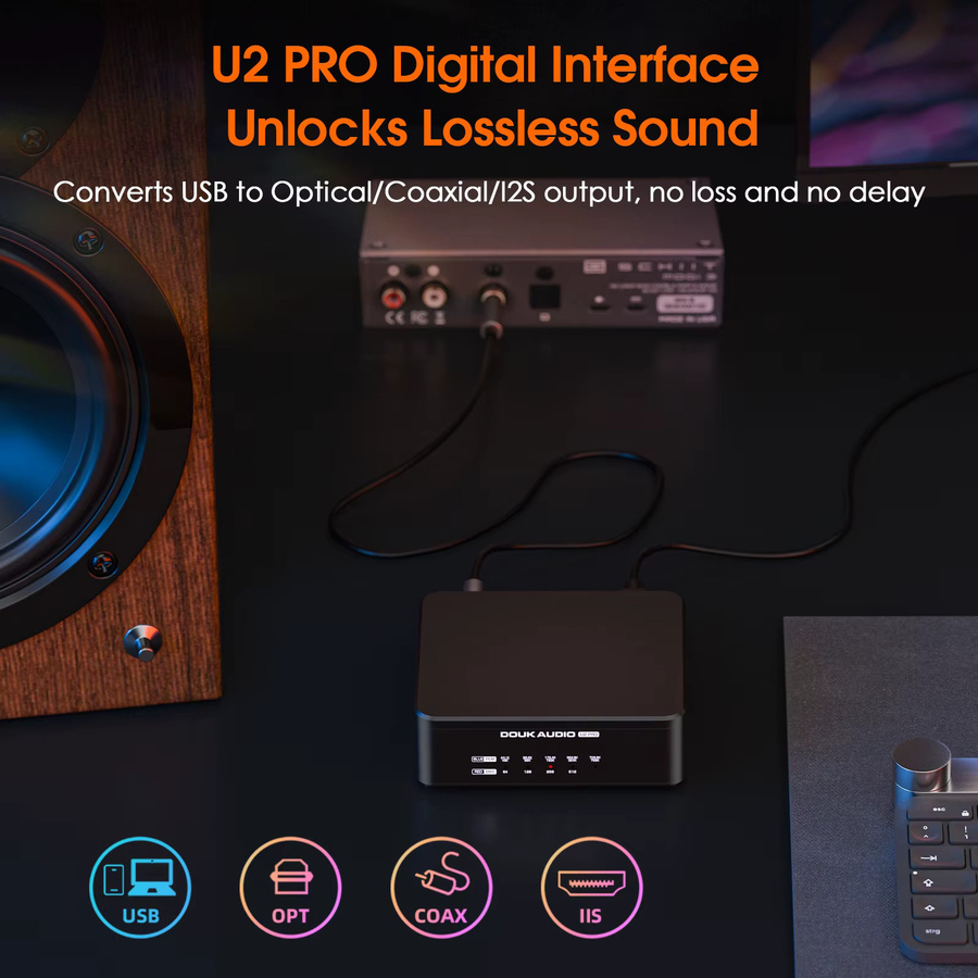 Douk Audio U2PRO USB Digitalschnittstelle mit XMOS XU316 DDC-Wandler, optischem, koaxialem und I2S-Ausgang, Schwarz - Bild 3