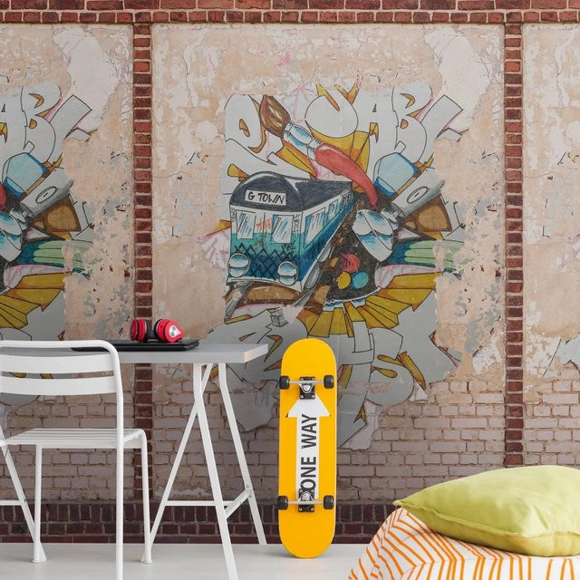 Profhome Fototapete Ziegelstein Mural in Braun Beige Rot Blau, B: 159 cm, H: 280 cm - Bild 1