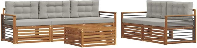 vidaXL Outdoor-Sofagarnitur 6-teilig aus Akazienholz mit Kissen in Natur und Grau - Bild 1