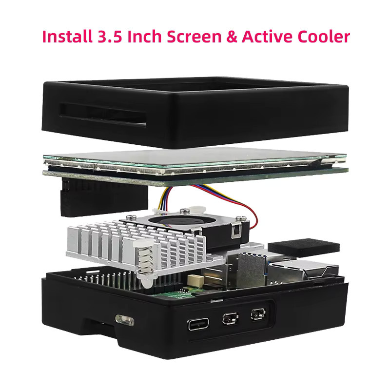 Caturda ABS-Gehäuse für Raspberry Pi 5 mit aktivem PWM-Lüfter und Unterstützung für 3,5-Zoll-Bildschirm, Schwarz/Silber - Bild 3