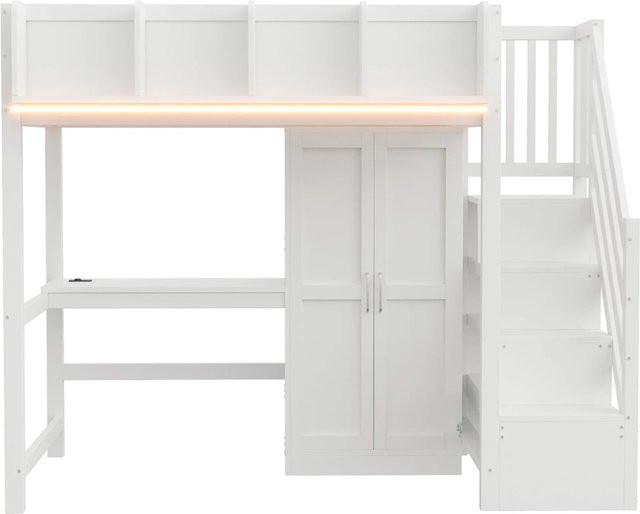 Merax Hochbett für Kinder mit Schreibtisch, Schrank und LED-Beleuchtung in Weiß, B/T/H: 200 x 90 x 170 cm - Bild 1