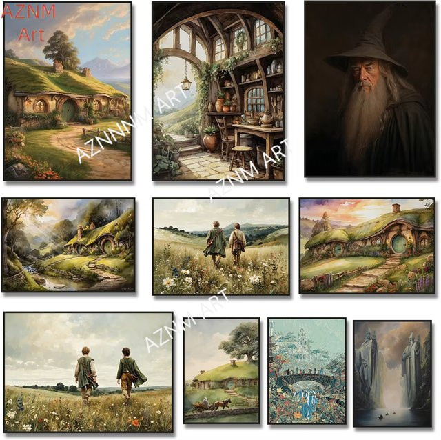 S-Shire Aquarell Wandkunst Hobbiton Hole Bag End Landschaft Leinwanddruck Mehrfarbig - Bild 1