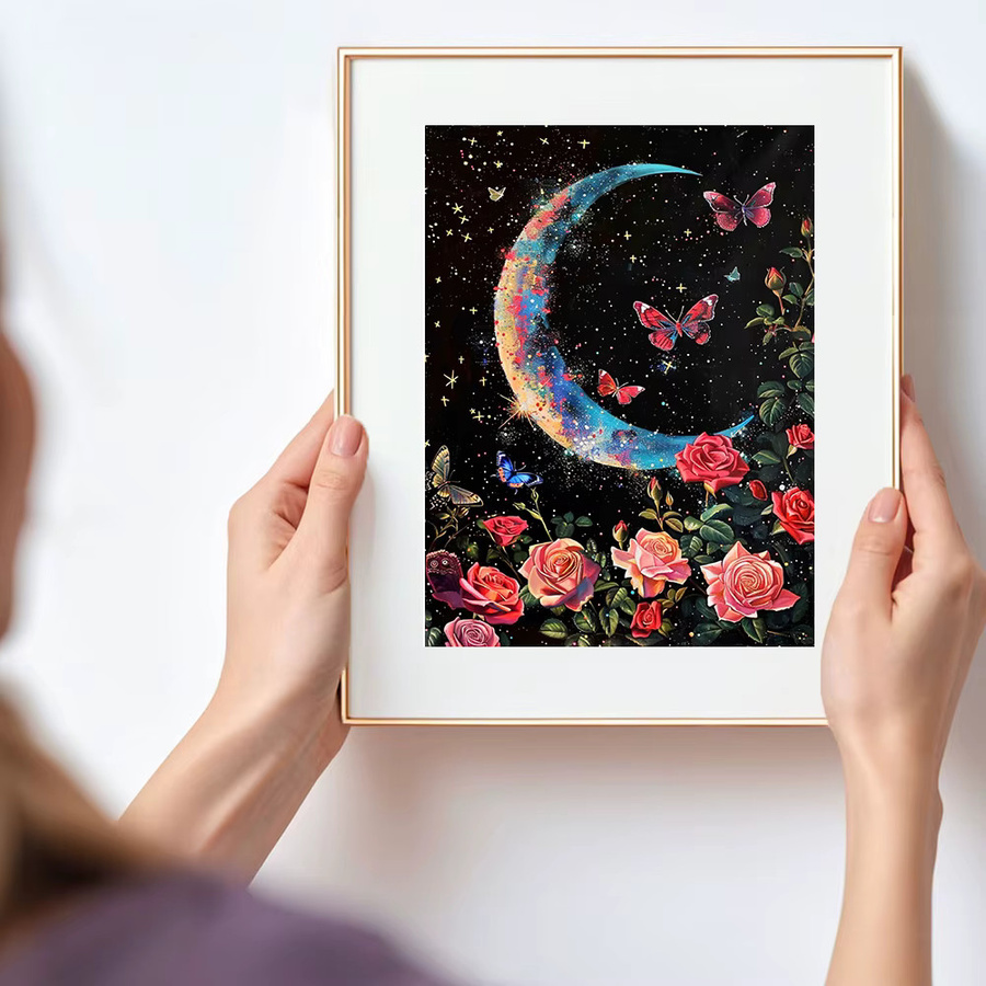 Huacan DIY Diamantmalerei Rose Mond Blumen-Landschaft Set, Mehrfarbig, B: 30,0 cm, H: 20,0 cm - Bild 3