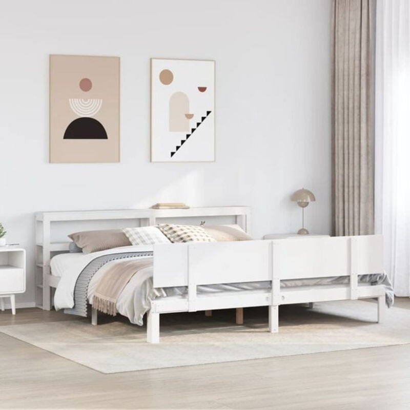 Massivholzbett mit Kopfteil von Vidaxl in Weiß, Landhausstil und minimalistisches Design aus Kiefer, B/T/H: 180 x 200 cm - Bild 1