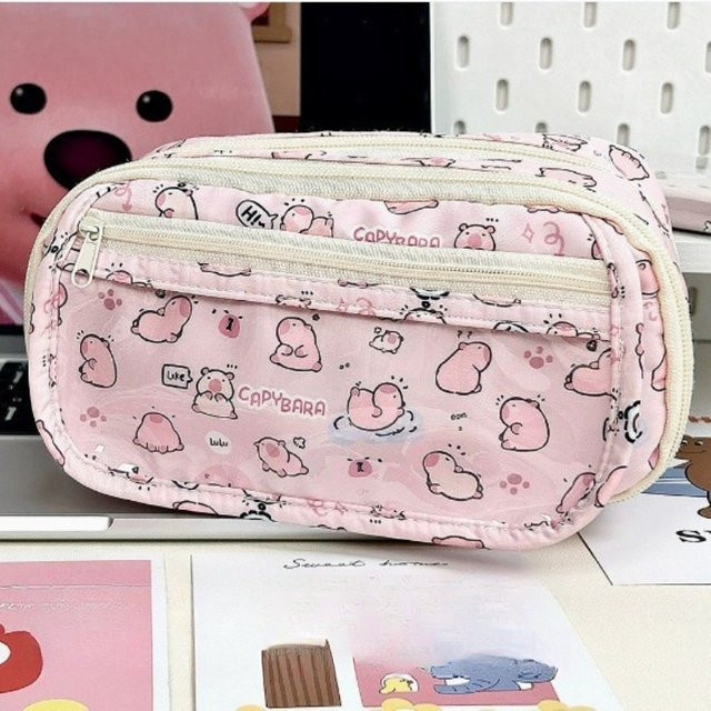 Niedriges Federmäppchen Capybara in Pink Transparent als tragbarer Schreibwaren-Organizer für die Schule - Bild 1