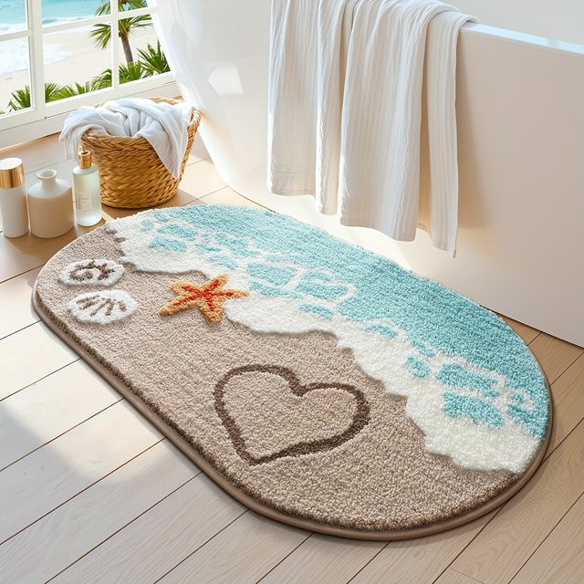 VIKAMA Sommerwellen-Strandteppich als saugfähige Badezimmer-Fußmatte in Multicolour, oval, B/T: 80 x 50 cm - Bild 1