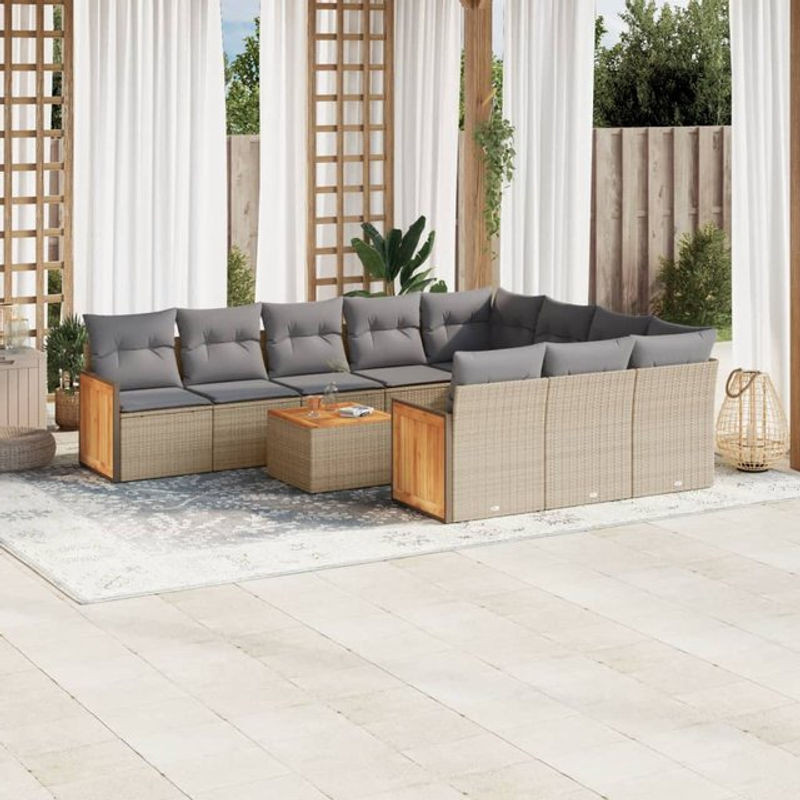 Vidaxl Gartenmöbel-Set aus Polyrattan und Akazie mit 11 Teilen und Kissen, Beige - Bild 1