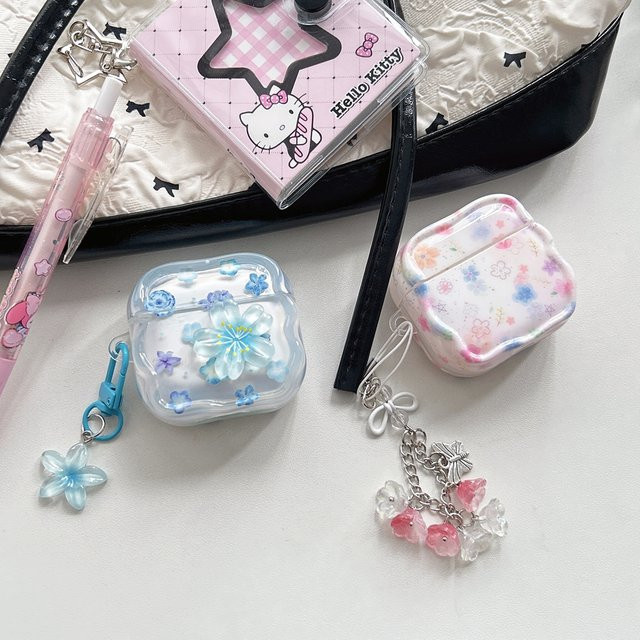 Stoßfeste AirPods Schutzhülle mit Frühlingsblumen-Dekoration und Anhänger in Pink und Multicolour für Apple AirPods 1, 2, 3, 4 und Pro 2 - Bild 1