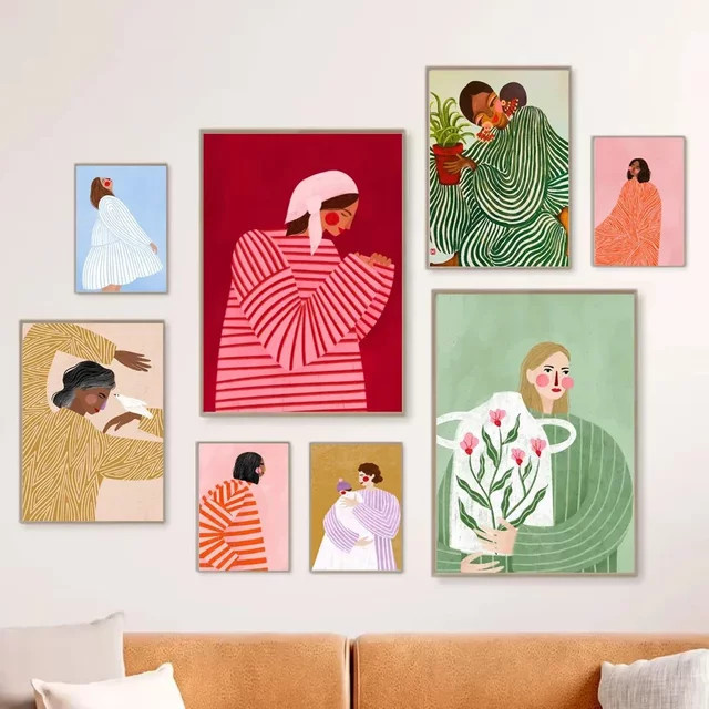 Potdemiel Retro Leinwand Wandkunst Abstrakte Portrait Malerei Mädchen mit langen Haaren Mehrfarbig - Bild 1