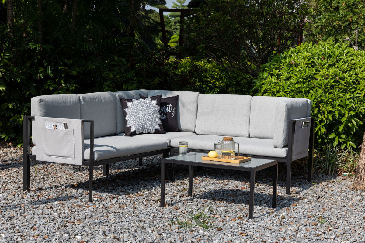 Gardissimo Mandalika Garden Ecklounge Azora Sitzgruppe mit Tisch in Anthrazit und Grau, wetterfeste L-Form mit Polstern und Textilene-Stoff - Bild 3