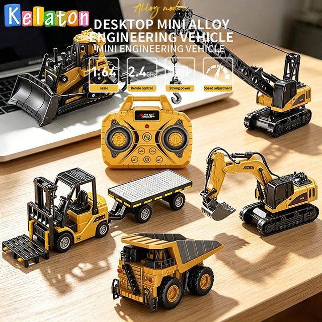 Kelaton RC-Bausatz, 1:64, Gabelstapler mit Anhänger, Bagger, Bulldozer, Kran, Muldenkipper, Metall, ab 6 Jahren - Bild 1