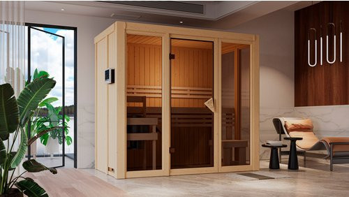 KARIBU Sauna Juminda für 2 Personen aus Espe und Nordischem Fichtenholz, beige, B/T/H: 216 x 122 x 198 cm - Bild 1
