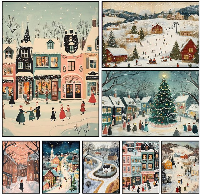 Potdemiel Leinwand Wandkunst Weihnachtsdorf in verschneiter Winterlandschaft für Bauernhaus Dekor - Bild 1