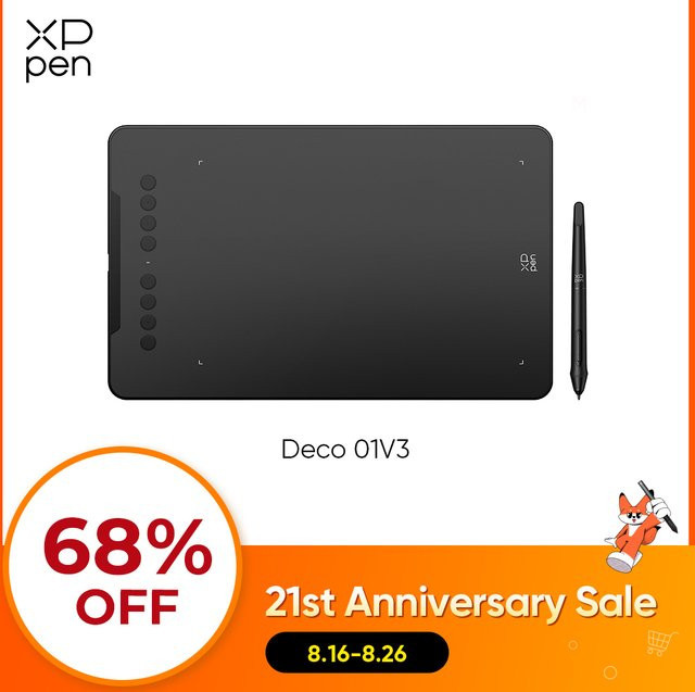 XPPen Deco 01 V3 Grafiktablett 10 Zoll mit 16384 Druckstufen und 8 Shortcut-Tasten für Android, Windows und Mac in Schwarz und Pink - Bild 1