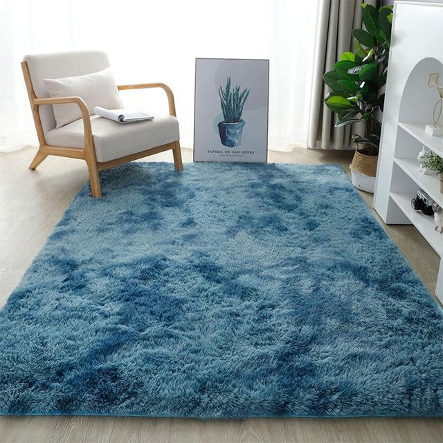 Maschinenwaschbarer Langflor Teppich aus Plüsch in Blau, Rutschfest und Schallisolierend, B/T: 60 x 40 cm - Bild 1