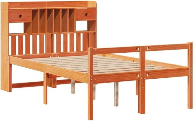 vidaXL Massivholzbett aus Kiefernholz mit Kopfteil und Regal in Braun, B/T/H: 140 x 190 cm - Bild 1