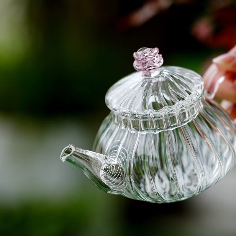 Mundgeblasene Wärmeglas-Blumen-Teekanne aus transparentem Glas mit Teesieb für losen Tee - Bild 2
