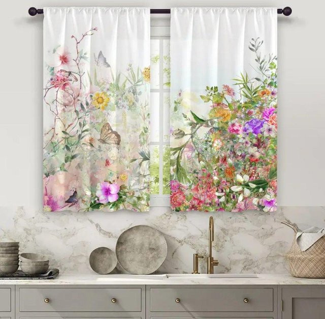 2er-Set Retro-Blumenranken Vorhänge aus Polyester mit floralem Digitaldruck, halbtransparent, Mehrfarbig, Breite: 50 cm, Höhe: 160 cm - Bild 1