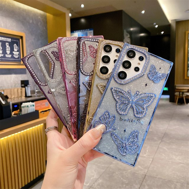 Stoßfeste Samsung Galaxy Handyhülle mit 3D-Glitzer-Diamant-Schmetterling und Farbverlauf in Schwarz und Multicolour für Samsung Galaxy S25 S24 S23 Ultra Plus FE - Bild 1