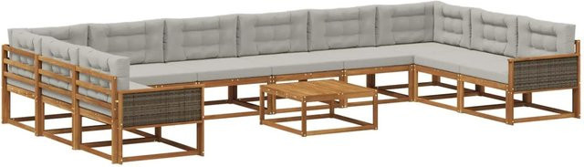 vidaXL Outdoor-Sofagarnitur aus massivem Akazienholz in U-Form mit 11 Kissen, Farbe: Natur und Hellgrau - Bild 1
