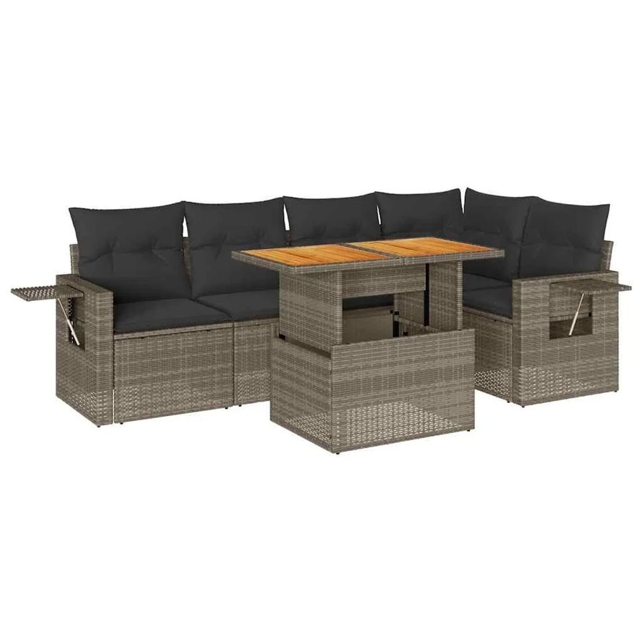 vidaXL 6-tlg Garten-Sofagarnitur in L-Form aus grauem PE-Rattan mit Kissen und Akazienholz - Bild 2