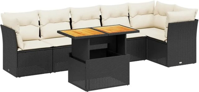 vidaXL 7-teilige Garten-Sofagarnitur in L-Form aus Poly-Rattan und Akazienholz mit Kissen in Schwarz und Cremeweiß - Bild 1