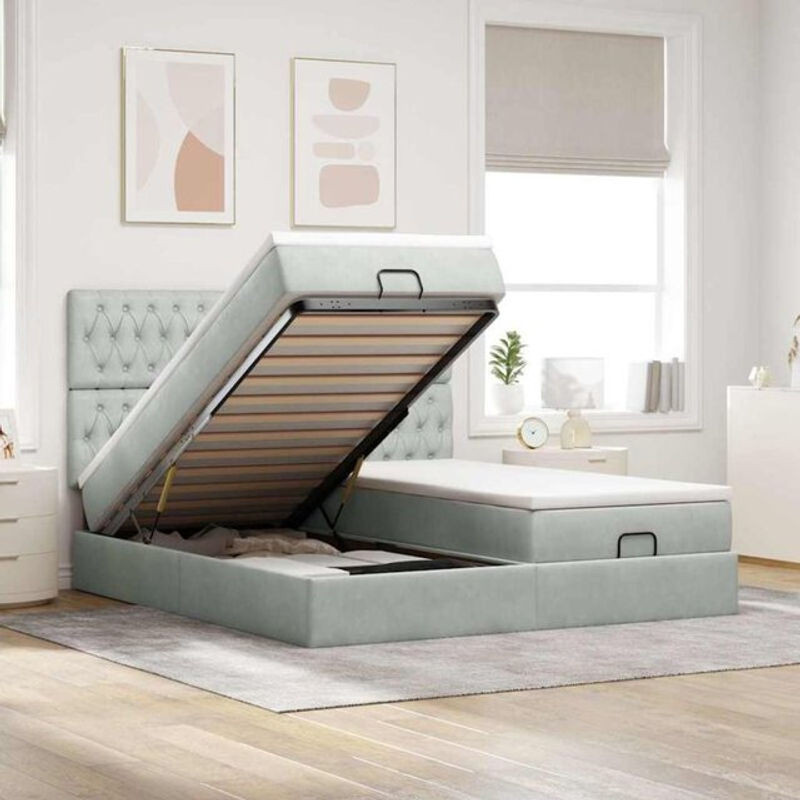 Vidaxl Ottoman Polsterbett mit Matratzen und LED in Hellgrau aus Samt, B/T/H: 200 x 203 x 128 cm - Bild 1