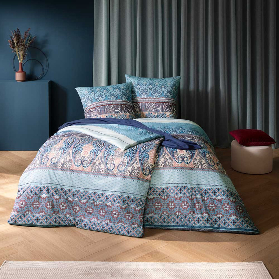 Estella Mako Jersey Bettwäsche Carmen bleu Paisley Oriental mit Bettbezug und Kissenbezug, Farbe: Blau, B/T/H: 155 x 220 cm und 80 x 80 cm - Bild 1