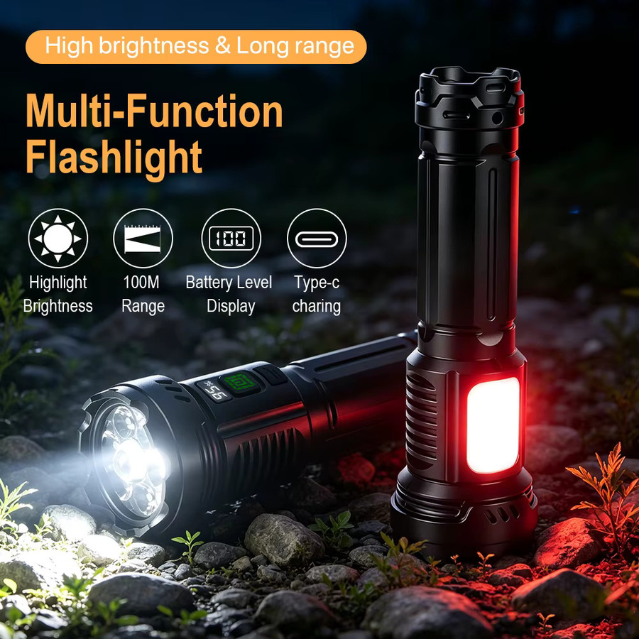BORUiT USB wiederaufladbare Taschenlampe mit 500 lm, tragbare Handtaschenlampe mit Seitenlicht und Digitalanzeige in Schwarz - Bild 2