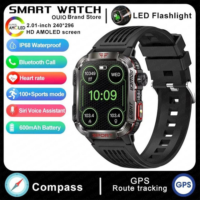 Zodvboz Military GPS Smartwatch für Männer mit Kompass, Taschenlampe und Bluetooth-Anruffunktion, wasserdicht, Schwarz - Bild 1