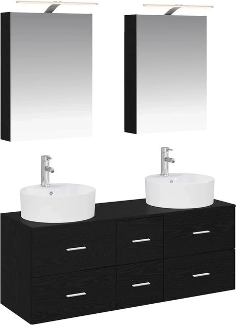 vidaXL Badezimmermöbel-Set 5-teilig in Schwarzer Eiche mit Glas, Spiegelschrank, Wandschrank und Waschtischunterschrank mit LED-Beleuchtung und Schubladen - Bild 1