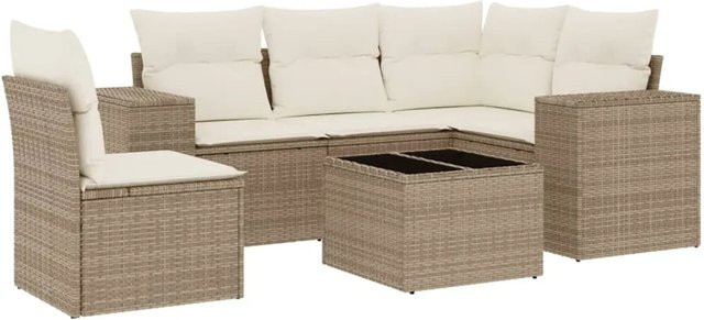 vidaXL 6-tlg Garten-Sofagarnitur in L-Form aus Polyrattan mit Kissen und Couchtisch in Beige - Bild 1