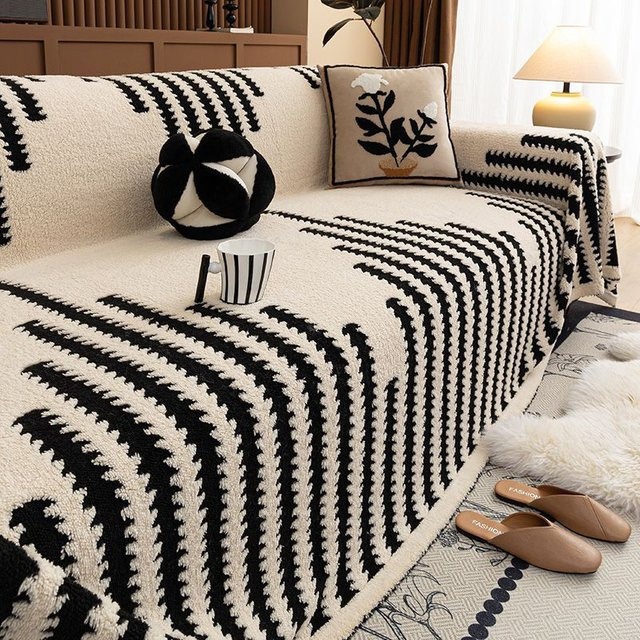 Beige Bohemian Jacquard Plüsch-Sofadecke aus Polyester für dein Wohnzimmer - Bild 1