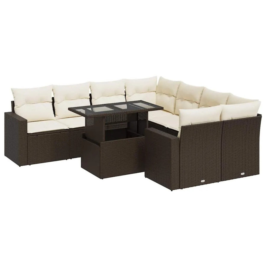 vidaXL 9-tlg. Garten-Sofagarnitur in L-Form aus braunem Poly-Rattan mit cremeweißen Kissen - Bild 2