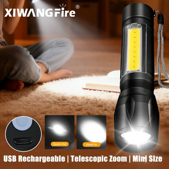 Mini-LED-Taschenlampe mit COB und XPE, tragbare taktische Taschenlampe mit USB-Aufladung, zoombare Leselampe in Schwarz mit Stiftclip - Bild 1
