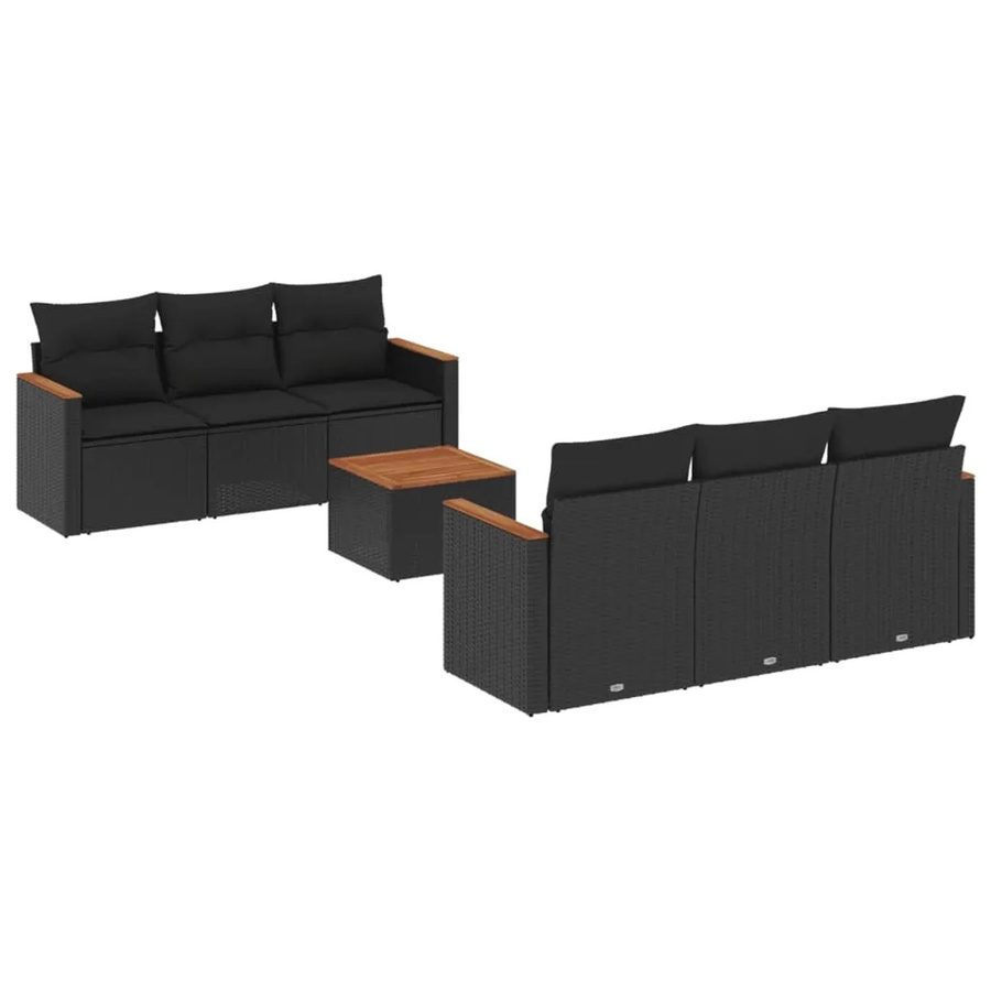 vidaXL 7-tlg Garten-Sofagarnitur aus Poly-Rattan und Akazienholz in Schwarz mit Kissen - Bild 2