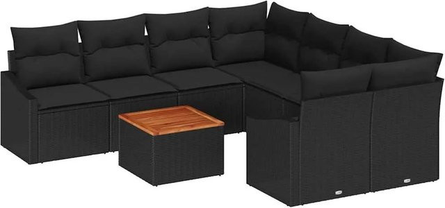 vidaXL Garten-Sofa-Set 9-teilig aus Poly-Rattan und Akazienholz in Schwarz mit Kissen - Bild 1