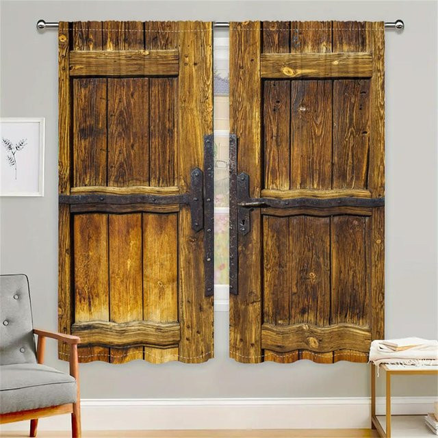 2er-Set Vintage Türvorhänge in Holzoptik mit realistischer Holzmaserung, Braun, semi-transparent, Rod Pocket Design - Bild 1